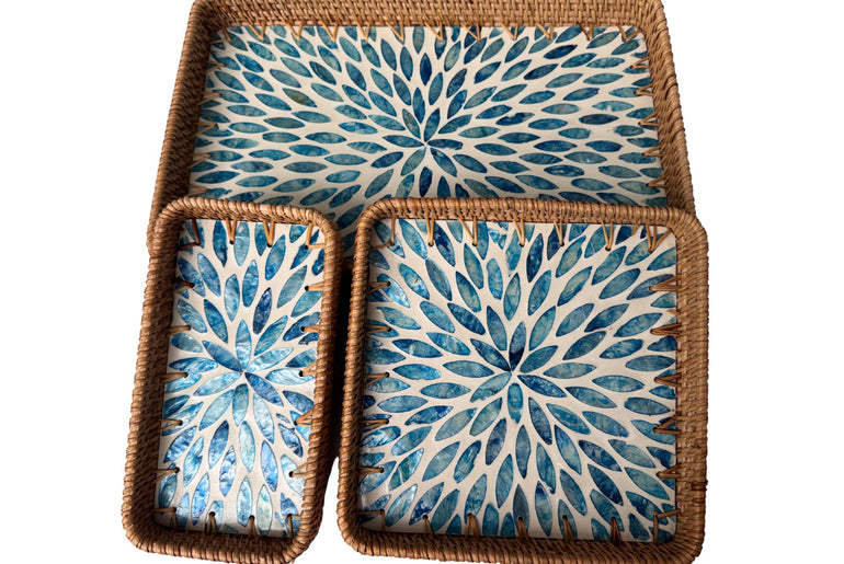 Rattan Tray with Mother of Pearl Inlay Base, Handmade Woven Serving Tray, Boho Coastal Coffee Table Decor, Made in Vietnam 77