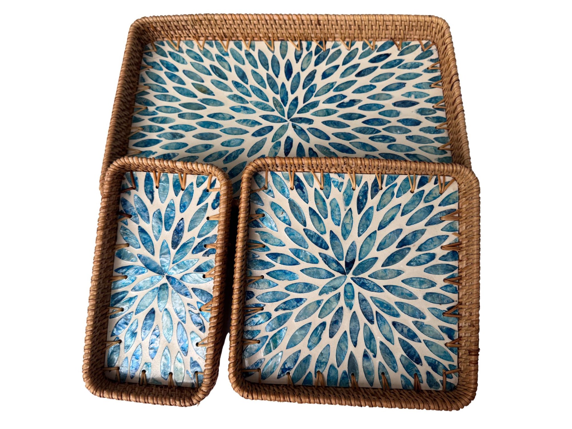 Rattan Tray with Mother of Pearl Inlay Base, Handmade Woven Serving Tray, Boho Coastal Coffee Table Decor, Made in Vietnam 77