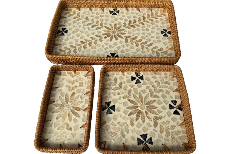 Rattan Tray with Mother of Pearl Inlay Base, Handmade Woven Serving Tray, Boho Coastal Coffee Table Decor, Made in Vietnam 94