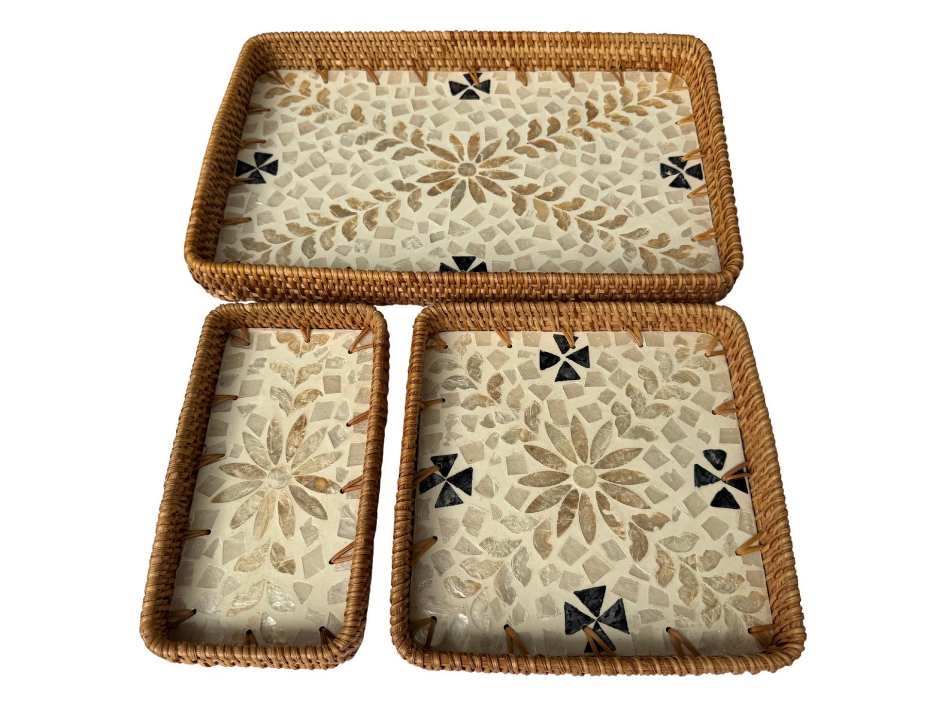 Rattan Tray with Mother of Pearl Inlay Base, Handmade Woven Serving Tray, Boho Coastal Coffee Table Decor, Made in Vietnam 94