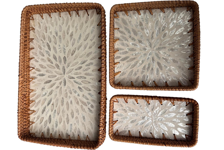 Rattan Tray with Mother of Pearl Inlay Base, Handmade Woven Serving Tray, Boho Coastal Coffee Table Decor, Made in Vietnam 95