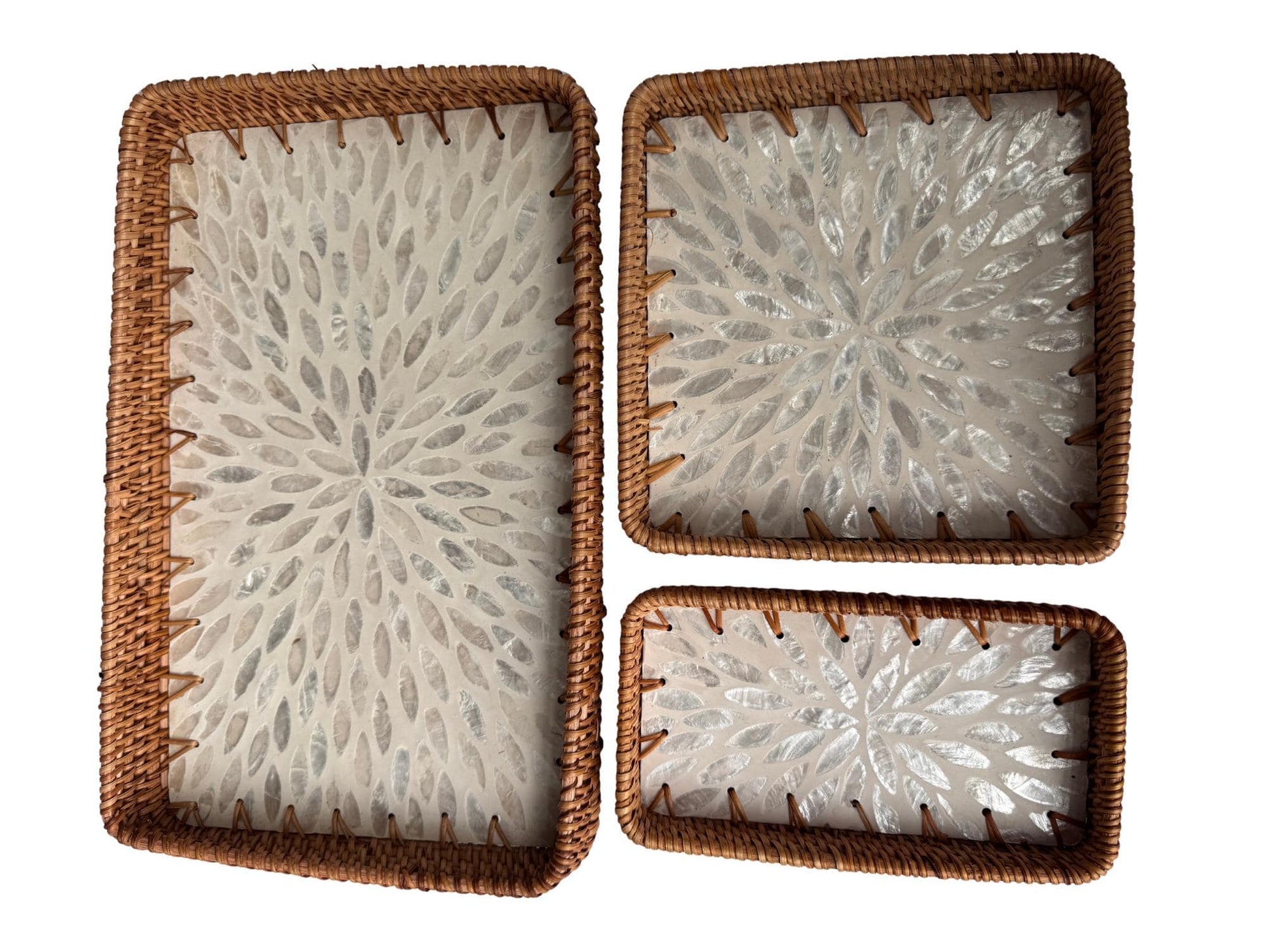 Rattan Tray with Mother of Pearl Inlay Base, Handmade Woven Serving Tray, Boho Coastal Coffee Table Decor, Made in Vietnam 95