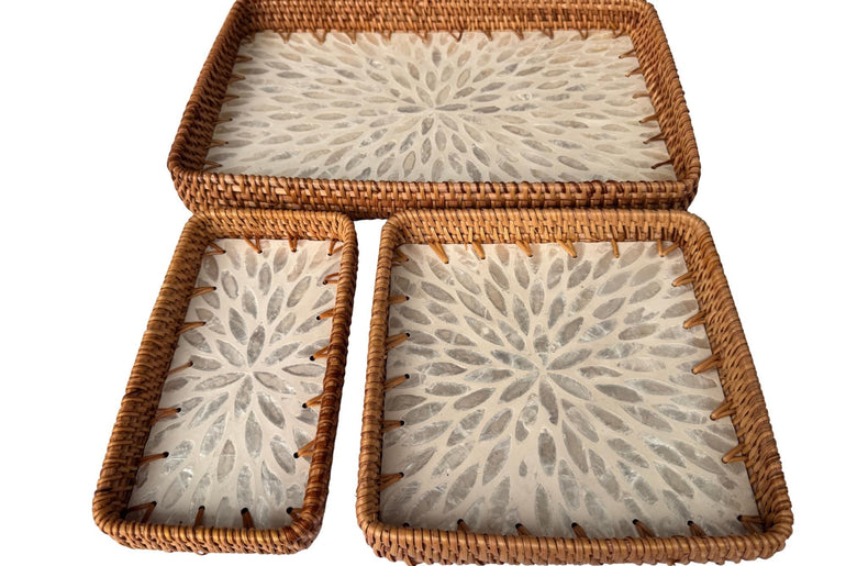 Rattan Tray with Mother of Pearl Inlay Base, Handmade Woven Serving Tray, Boho Coastal Coffee Table Decor, Made in Vietnam 95