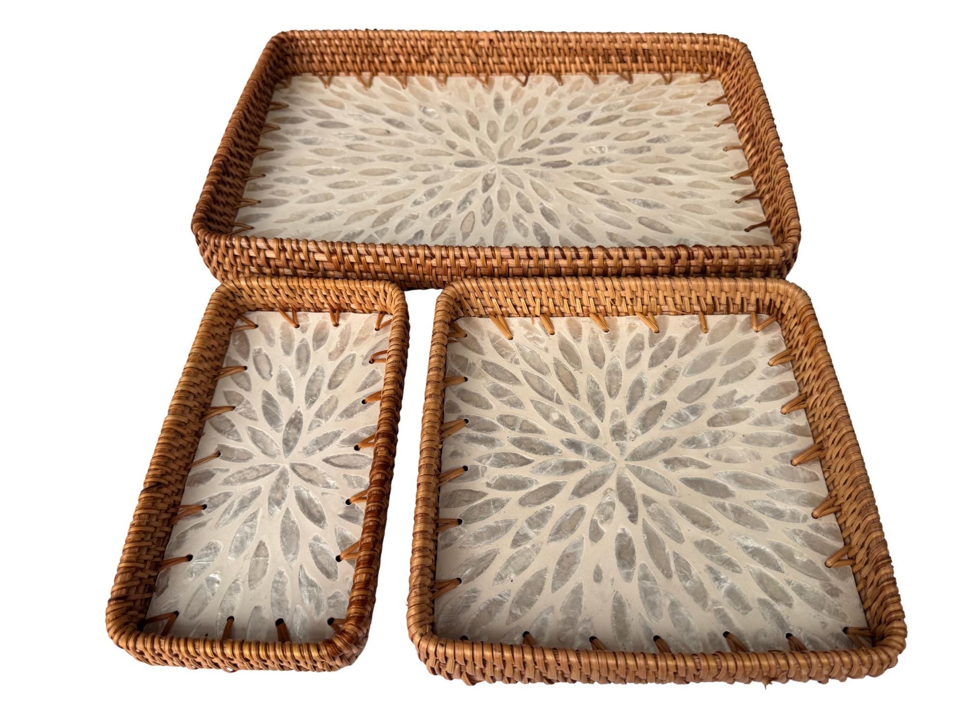 Rattan Tray with Mother of Pearl Inlay Base, Handmade Woven Serving Tray, Boho Coastal Coffee Table Decor, Made in Vietnam 95