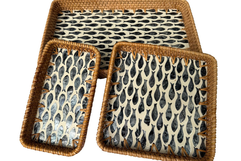 Rattan Tray with Mother of Pearl Inlay Base, Handmade Woven Serving Tray, Boho Coastal Coffee Table Decor, Made in Vietnam 79