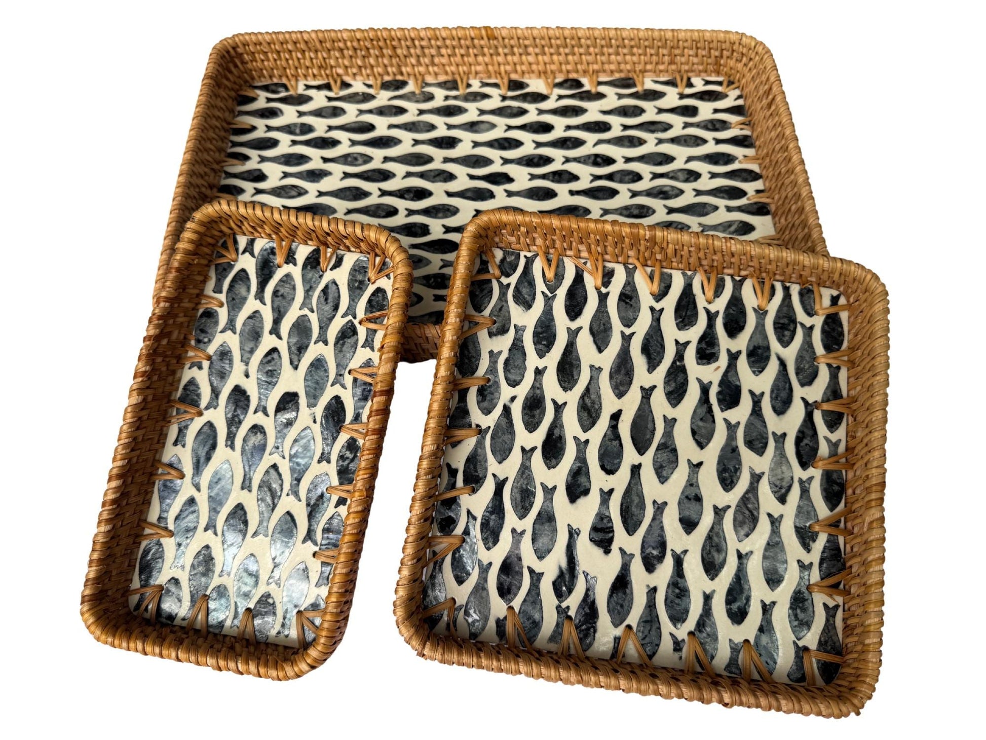 Rattan Tray with Mother of Pearl Inlay Base, Handmade Woven Serving Tray, Boho Coastal Coffee Table Decor, Made in Vietnam 79