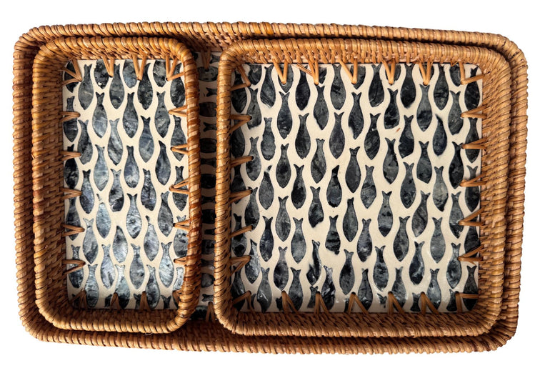 Rattan Tray with Mother of Pearl Inlay Base, Handmade Woven Serving Tray, Boho Coastal Coffee Table Decor, Made in Vietnam 79