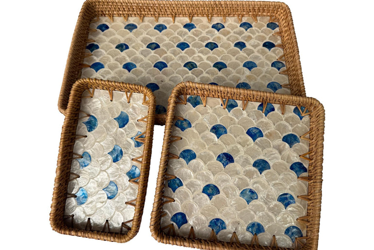 Rattan Tray with Mother of Pearl Inlay Base, Handmade Woven Serving Tray, Boho Coastal Coffee Table Decor, Made in Vietnam 78