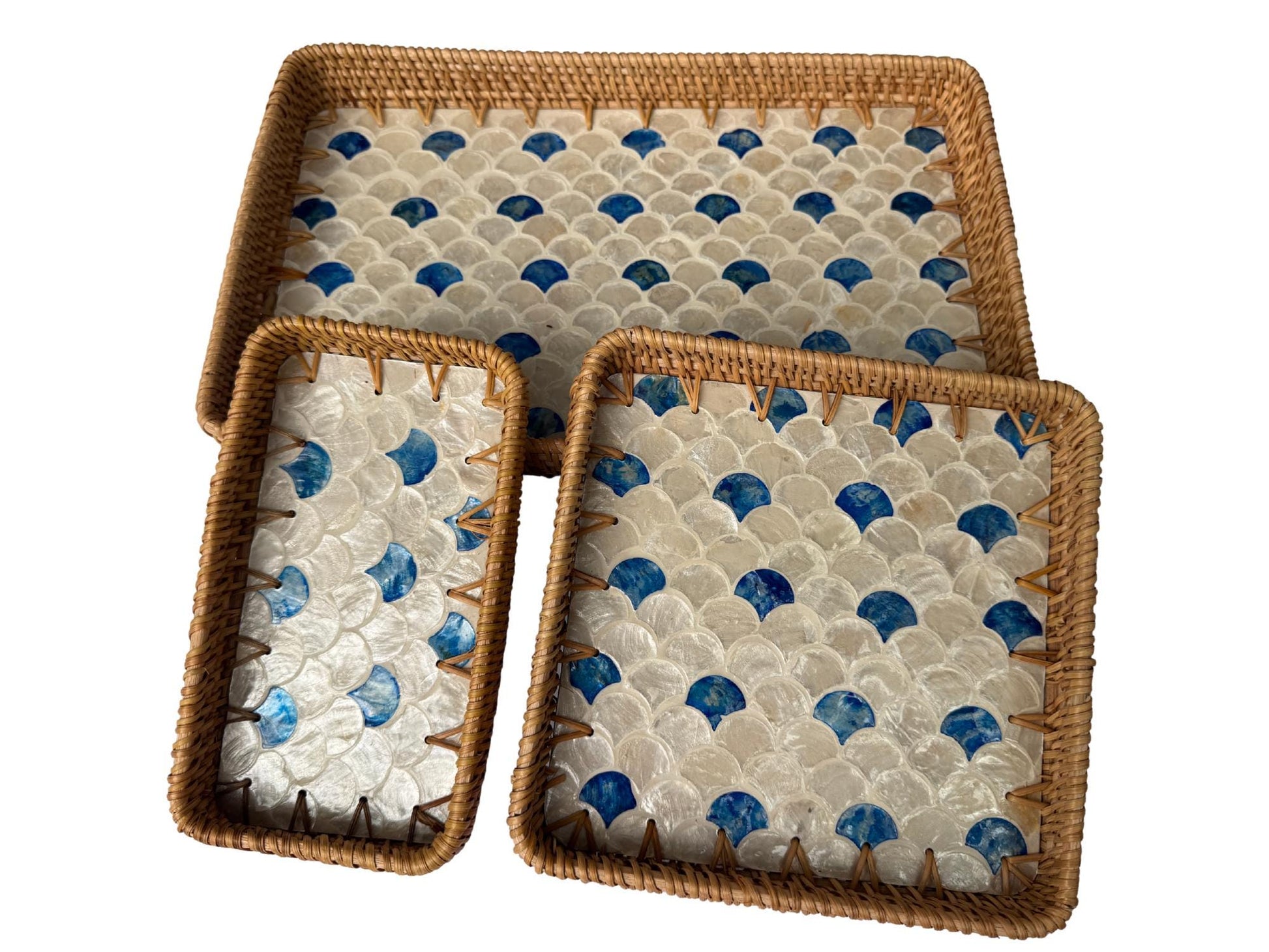 Rattan Tray with Mother of Pearl Inlay Base, Handmade Woven Serving Tray, Boho Coastal Coffee Table Decor, Made in Vietnam 78