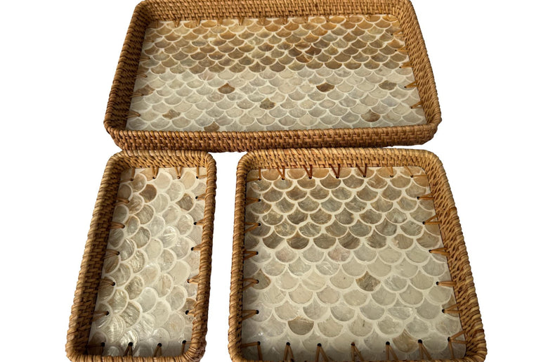 Rattan Tray with Mother of Pearl Inlay Base, Handmade Woven Serving Tray, Boho Coastal Coffee Table Decor, Made in Vietnam 93