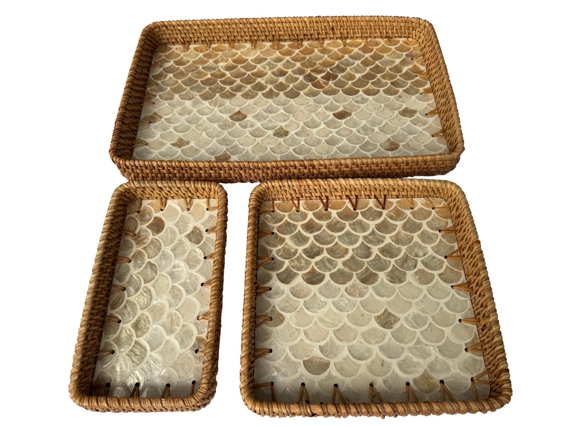 Rattan Tray with Mother of Pearl Inlay Base, Handmade Woven Serving Tray, Boho Coastal Coffee Table Decor, Made in Vietnam 93