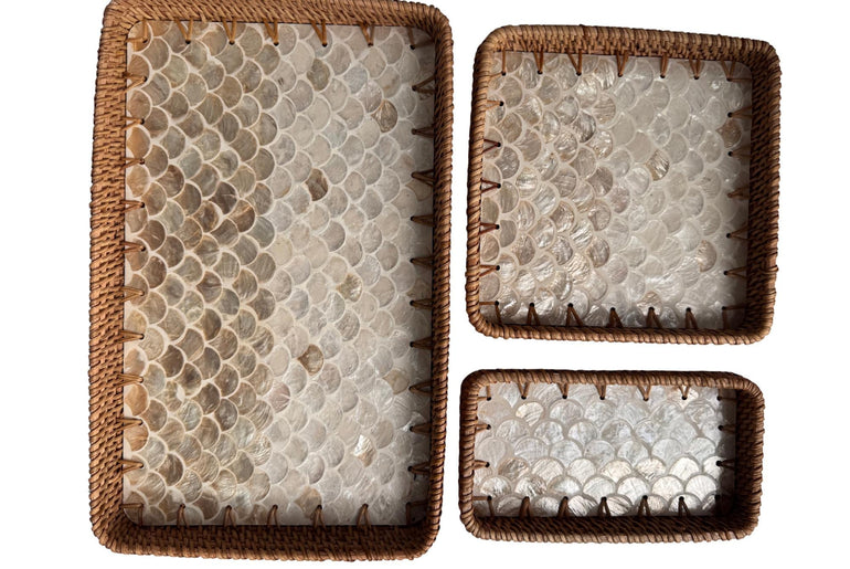 Rattan Tray with Mother of Pearl Inlay Base, Handmade Woven Serving Tray, Boho Coastal Coffee Table Decor, Made in Vietnam 93