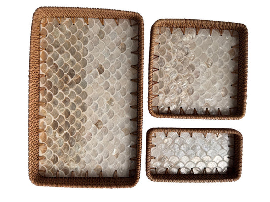 Rattan Tray with Mother of Pearl Inlay Base, Handmade Woven Serving Tray, Boho Coastal Coffee Table Decor, Made in Vietnam 93