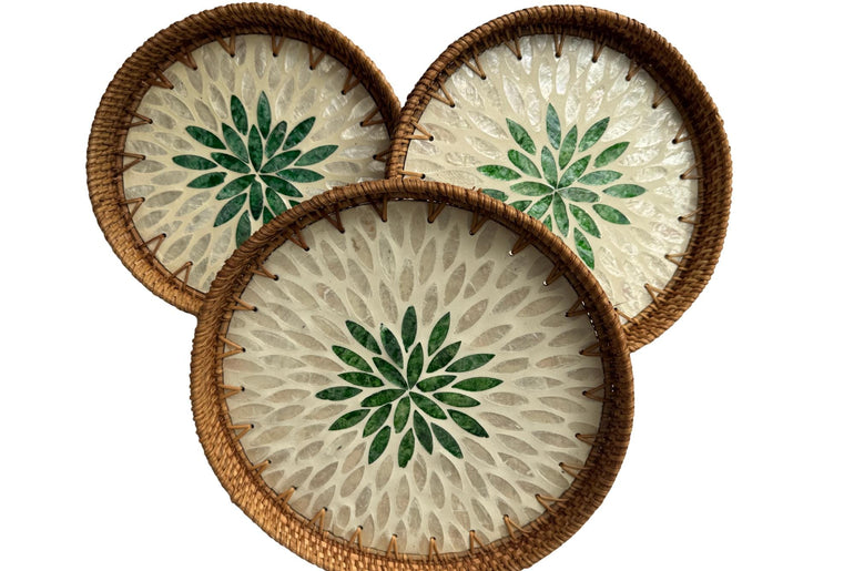Round Mother of Pearl Inlay Rattan Tray, Handwoven Decorative Serving Tray, Natural Boho Coffee Table Accent 92