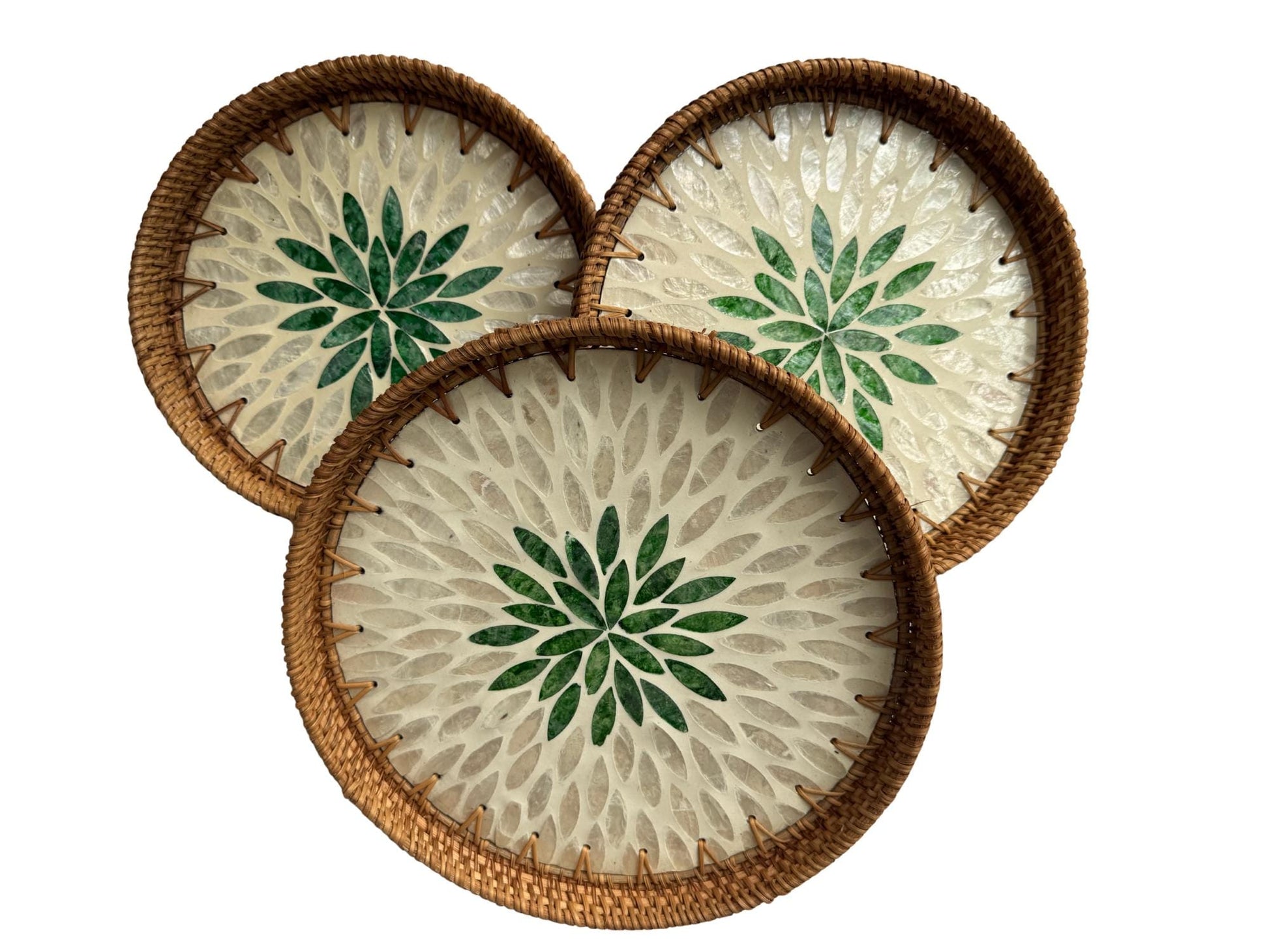 Round Mother of Pearl Inlay Rattan Tray, Handwoven Decorative Serving Tray, Natural Boho Coffee Table Accent 92
