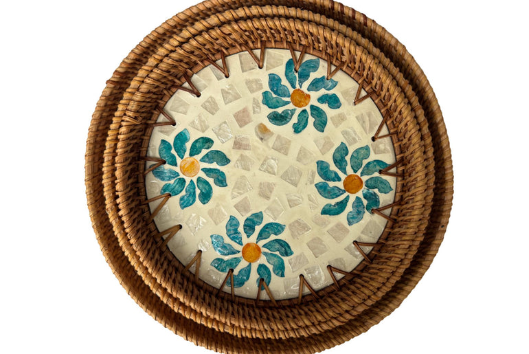 Round Mother of Pearl Inlay Rattan Tray, Handwoven Decorative Serving Tray, Natural Boho Coffee Table Accent 76