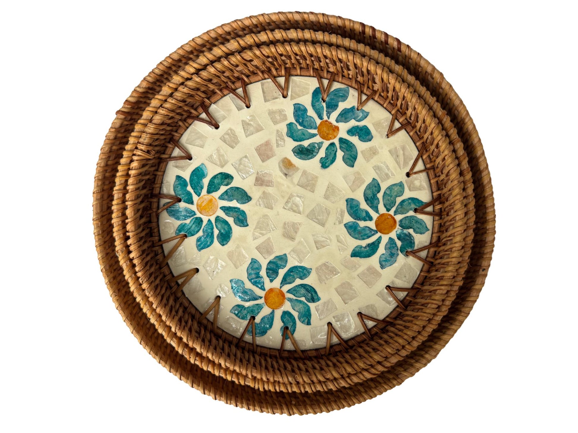 Round Mother of Pearl Inlay Rattan Tray, Handwoven Decorative Serving Tray, Natural Boho Coffee Table Accent 76