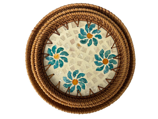 Round Mother of Pearl Inlay Rattan Tray, Handwoven Decorative Serving Tray, Natural Boho Coffee Table Accent 76