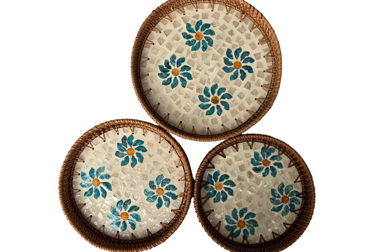 Round Mother of Pearl Inlay Rattan Tray, Handwoven Decorative Serving Tray, Natural Boho Coffee Table Accent 76