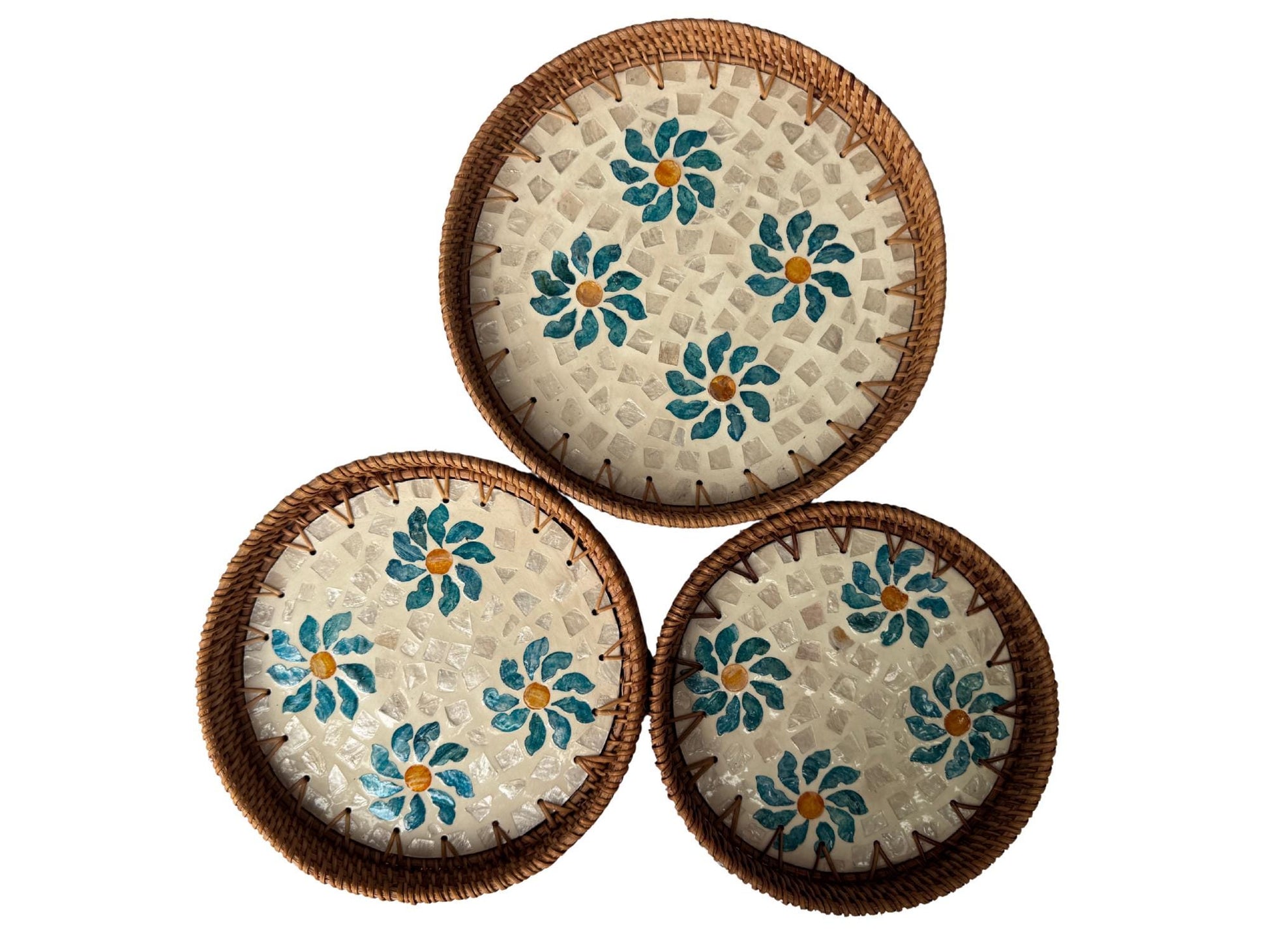 Round Mother of Pearl Inlay Rattan Tray, Handwoven Decorative Serving Tray, Natural Boho Coffee Table Accent 76