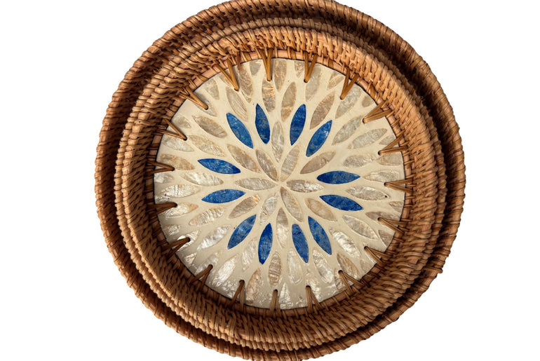 Round Mother of Pearl Inlay Rattan Tray, Handwoven Decorative Serving Tray, Natural Boho Coffee Table Accent 68