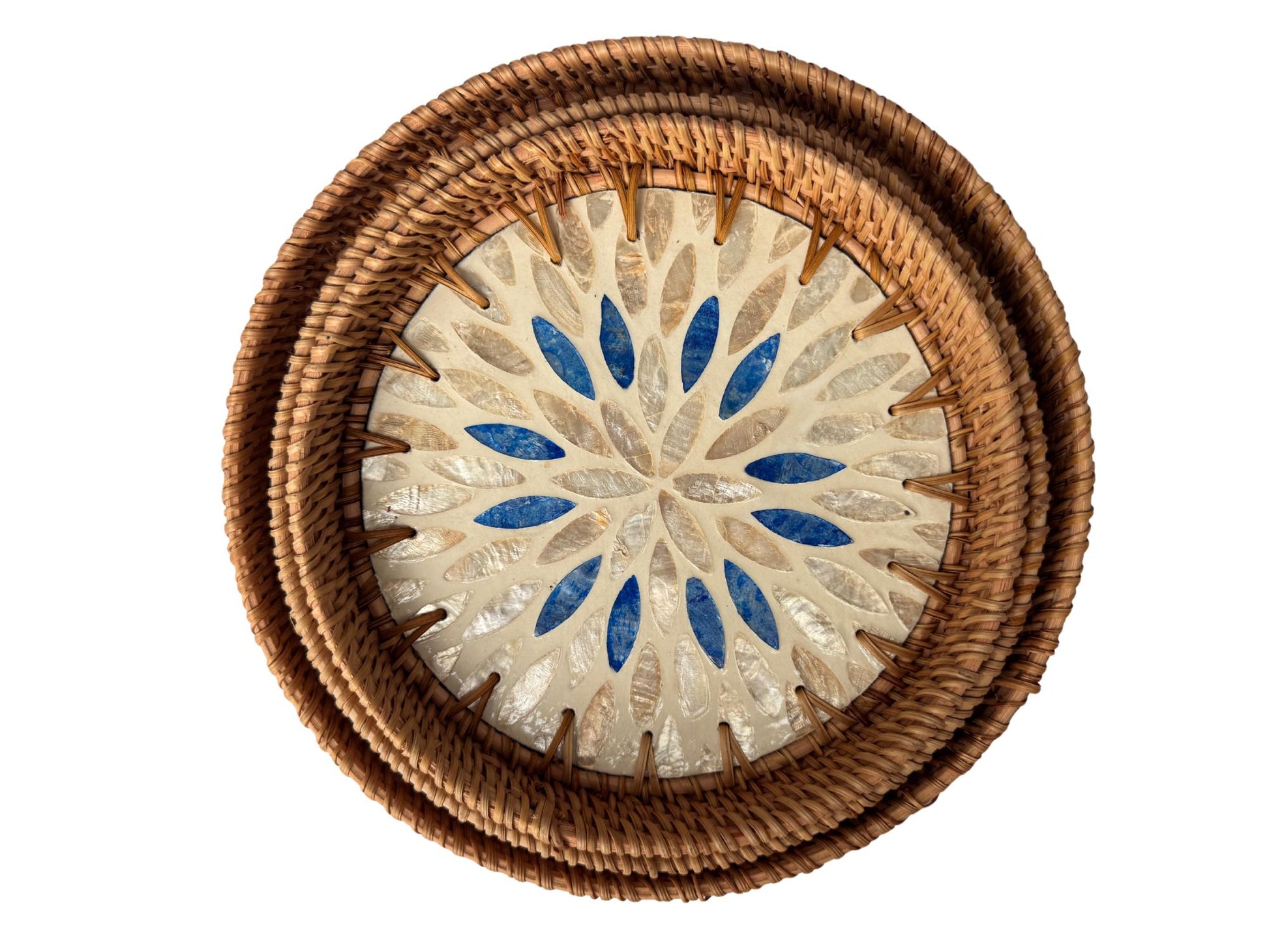 Round Mother of Pearl Inlay Rattan Tray, Handwoven Decorative Serving Tray, Natural Boho Coffee Table Accent 68