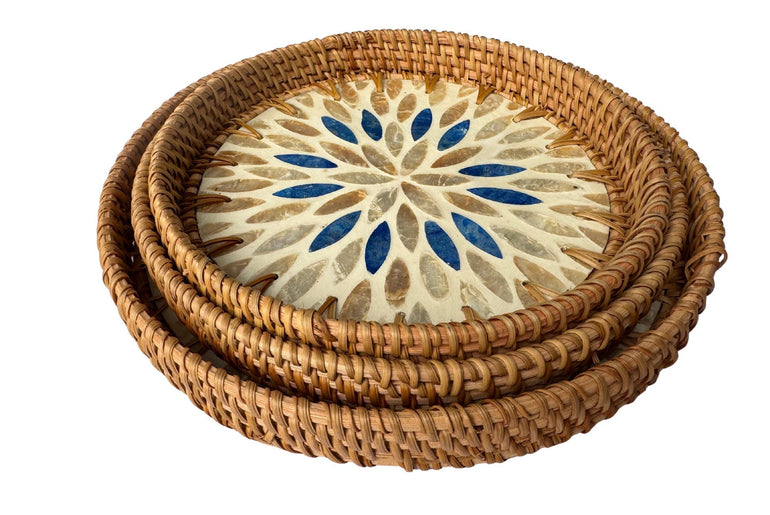 Round Mother of Pearl Inlay Rattan Tray, Handwoven Decorative Serving Tray, Natural Boho Coffee Table Accent 68