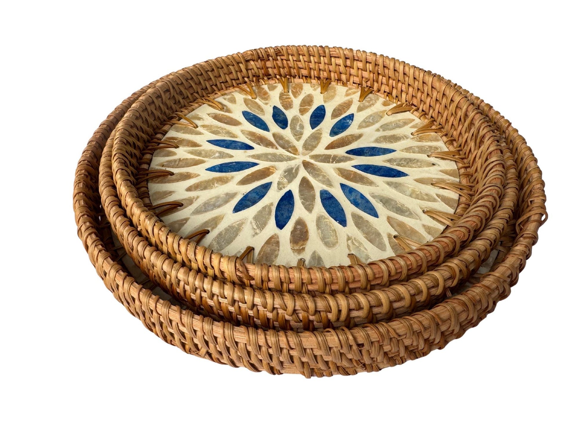 Round Mother of Pearl Inlay Rattan Tray, Handwoven Decorative Serving Tray, Natural Boho Coffee Table Accent 68