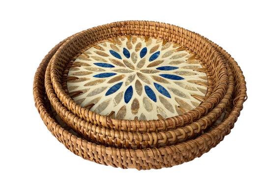 Round Mother of Pearl Inlay Rattan Tray, Handwoven Decorative Serving Tray, Natural Boho Coffee Table Accent 68