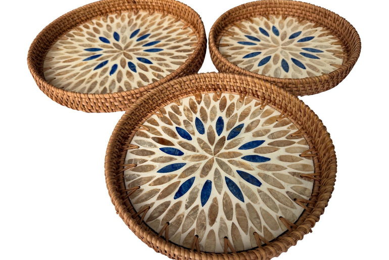 Round Mother of Pearl Inlay Rattan Tray, Handwoven Decorative Serving Tray, Natural Boho Coffee Table Accent 68