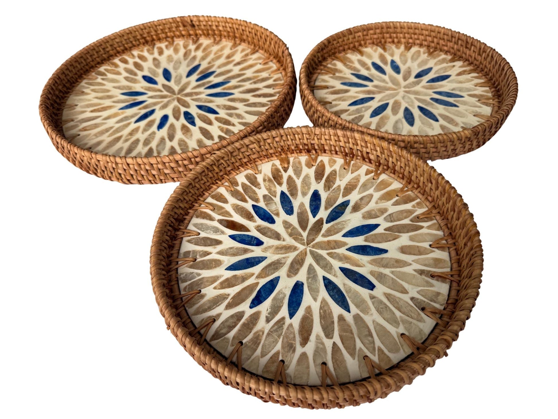 Round Mother of Pearl Inlay Rattan Tray, Handwoven Decorative Serving Tray, Natural Boho Coffee Table Accent 68
