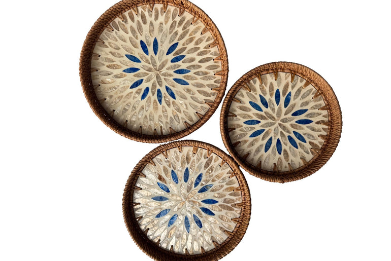 Round Mother of Pearl Inlay Rattan Tray, Handwoven Decorative Serving Tray, Natural Boho Coffee Table Accent 68