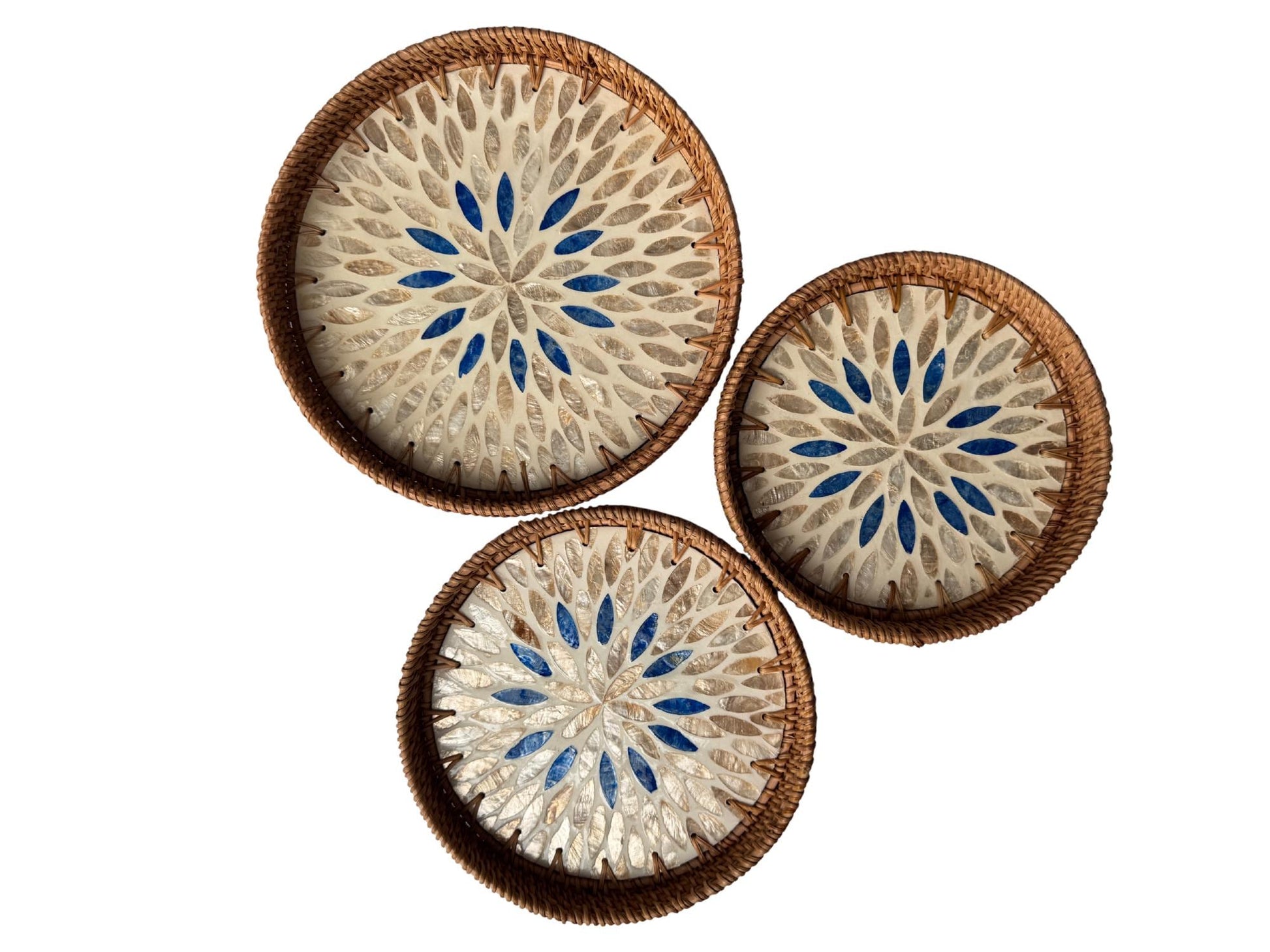 Round Mother of Pearl Inlay Rattan Tray, Handwoven Decorative Serving Tray, Natural Boho Coffee Table Accent 68