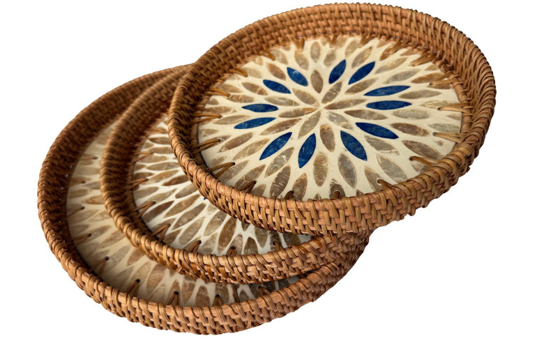 Round Mother of Pearl Inlay Rattan Tray, Handwoven Decorative Serving Tray, Natural Boho Coffee Table Accent 68