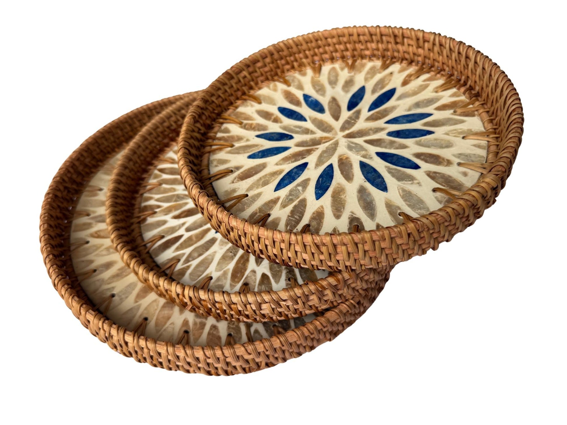 Round Mother of Pearl Inlay Rattan Tray, Handwoven Decorative Serving Tray, Natural Boho Coffee Table Accent 68