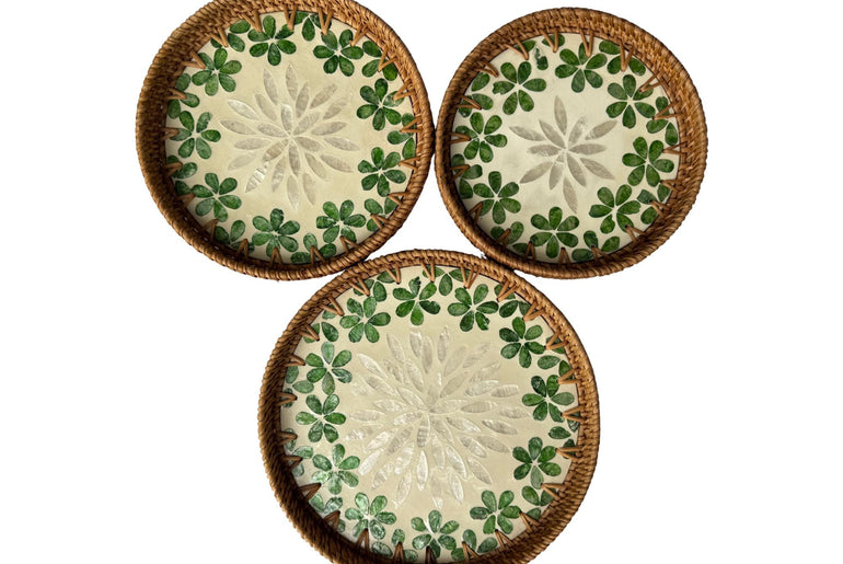 Round Mother of Pearl Inlay Rattan Tray, Handwoven Decorative Serving Tray, Natural Boho Coffee Table Accent 74