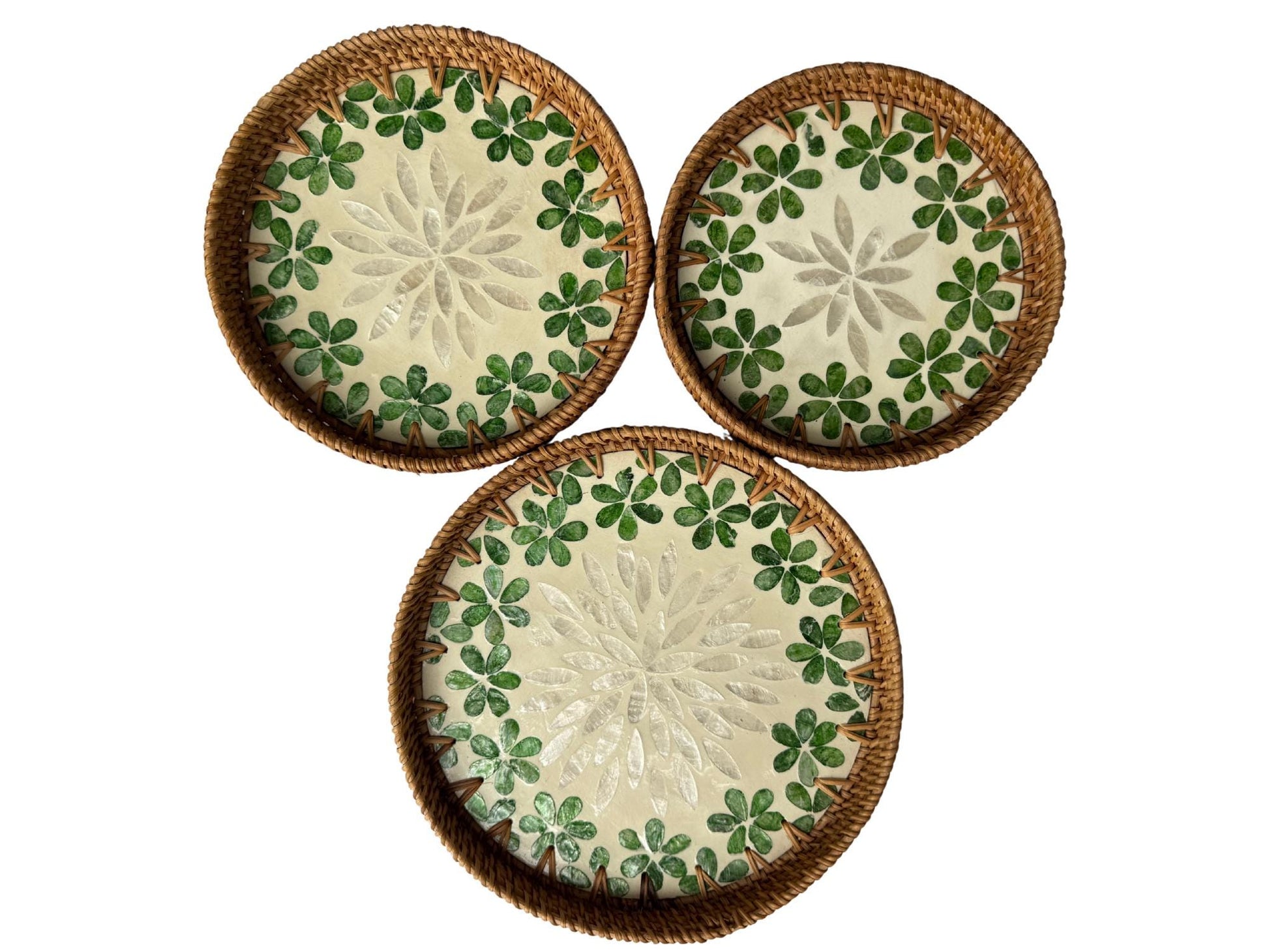 Round Mother of Pearl Inlay Rattan Tray, Handwoven Decorative Serving Tray, Natural Boho Coffee Table Accent 74