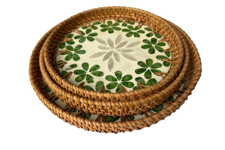 Round Mother of Pearl Inlay Rattan Tray, Handwoven Decorative Serving Tray, Natural Boho Coffee Table Accent 74