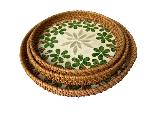 Round Mother of Pearl Inlay Rattan Tray, Handwoven Decorative Serving Tray, Natural Boho Coffee Table Accent 74