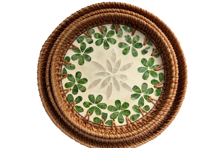 Round Mother of Pearl Inlay Rattan Tray, Handwoven Decorative Serving Tray, Natural Boho Coffee Table Accent 74