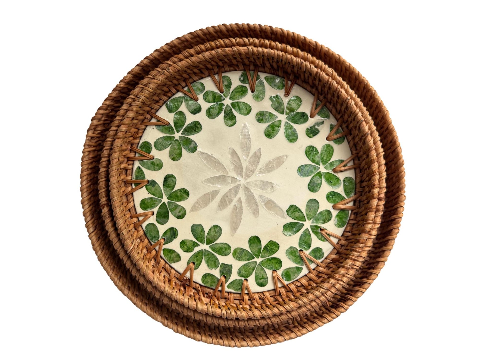 Round Mother of Pearl Inlay Rattan Tray, Handwoven Decorative Serving Tray, Natural Boho Coffee Table Accent 74