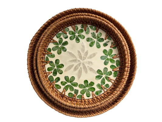 Round Mother of Pearl Inlay Rattan Tray, Handwoven Decorative Serving Tray, Natural Boho Coffee Table Accent 74
