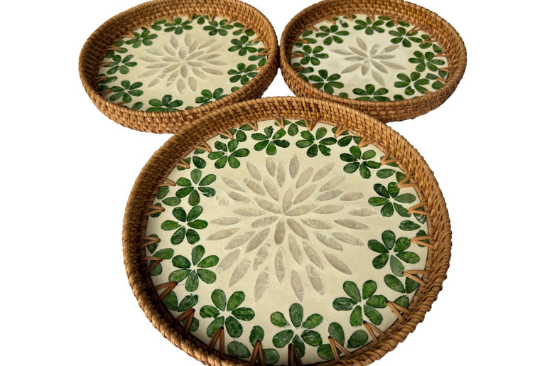Round Mother of Pearl Inlay Rattan Tray, Handwoven Decorative Serving Tray, Natural Boho Coffee Table Accent 74
