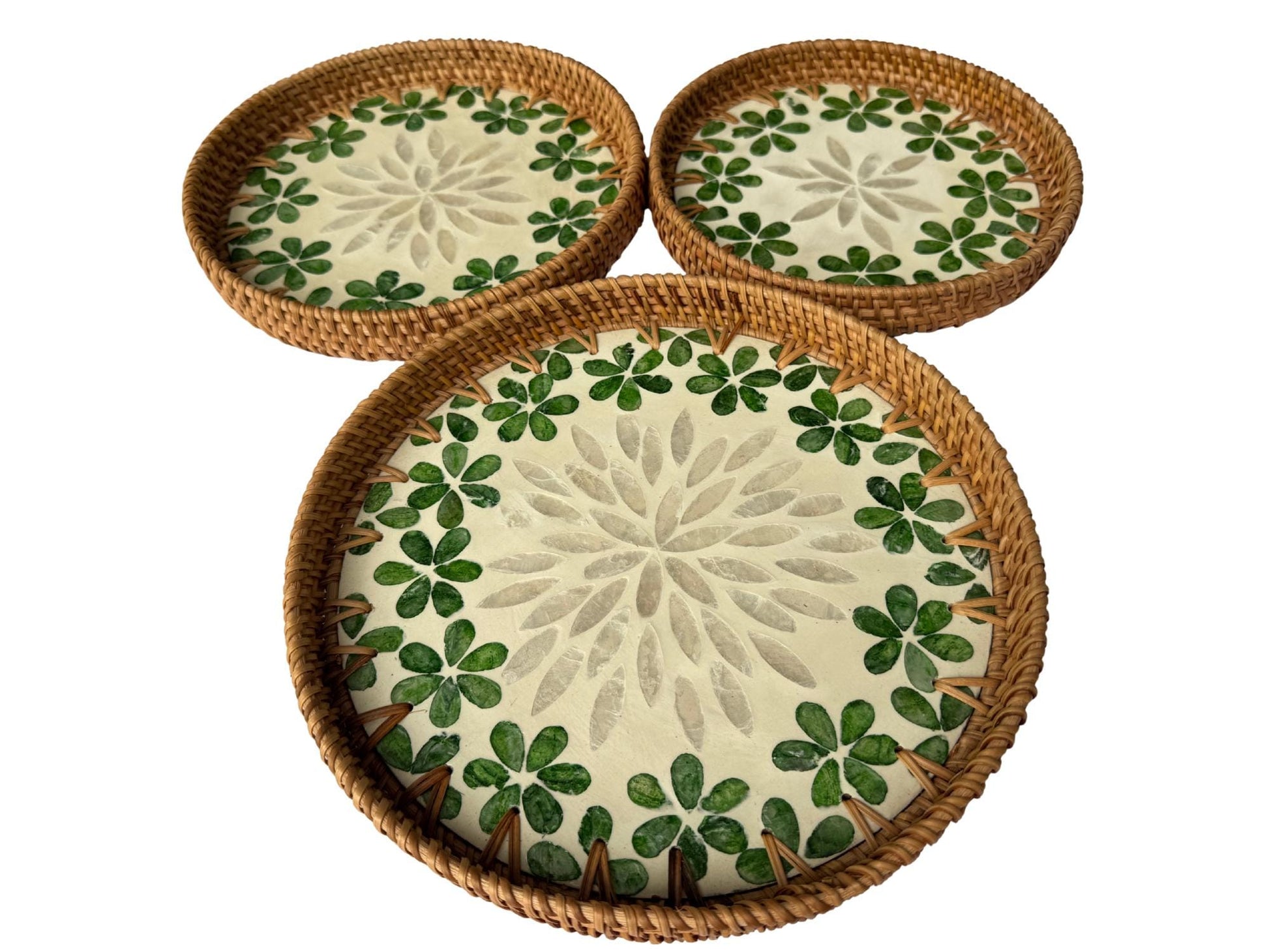 Round Mother of Pearl Inlay Rattan Tray, Handwoven Decorative Serving Tray, Natural Boho Coffee Table Accent 74