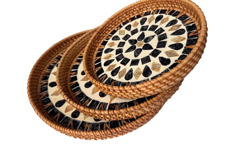 Round Mother of Pearl Inlay Rattan Tray, Handwoven Decorative Serving Tray, Natural Boho Coffee Table Accent 69