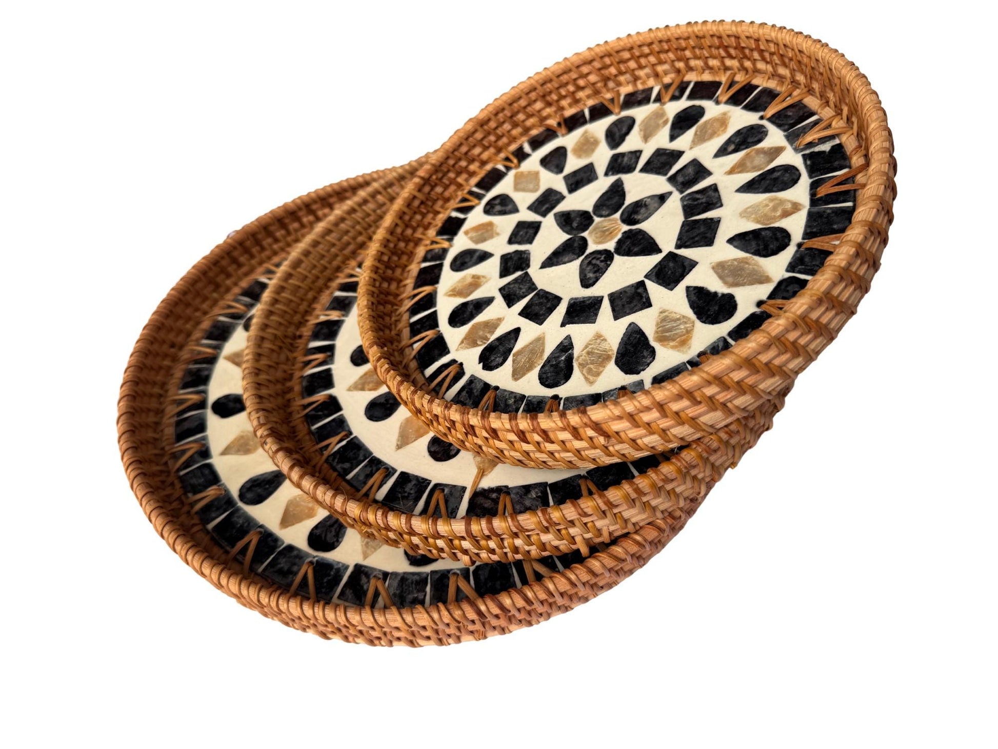 Round Mother of Pearl Inlay Rattan Tray, Handwoven Decorative Serving Tray, Natural Boho Coffee Table Accent 69