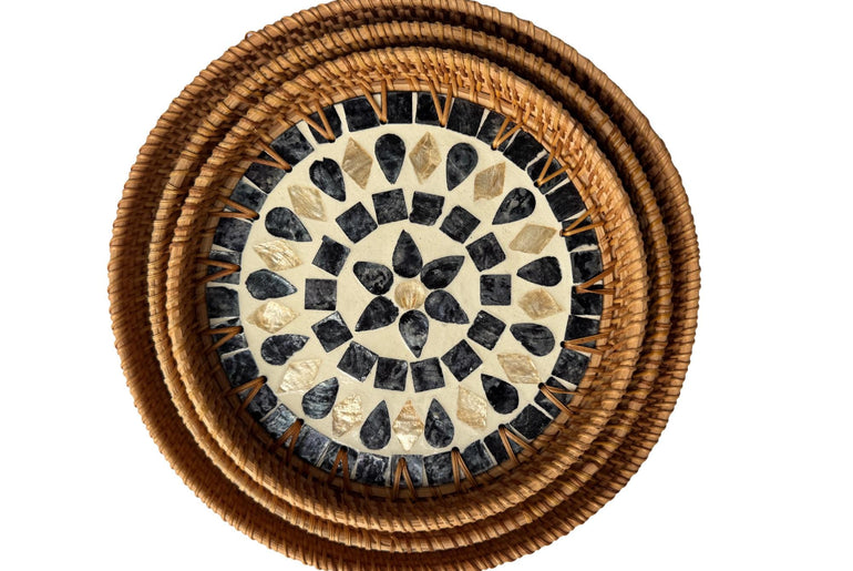 Round Mother of Pearl Inlay Rattan Tray, Handwoven Decorative Serving Tray, Natural Boho Coffee Table Accent 69