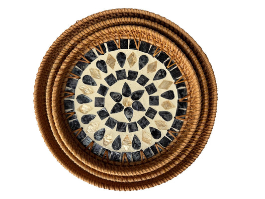 Round Mother of Pearl Inlay Rattan Tray, Handwoven Decorative Serving Tray, Natural Boho Coffee Table Accent 69