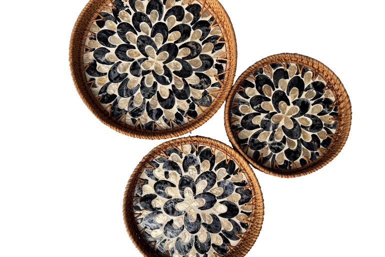Round Mother of Pearl Inlay Rattan Tray, Handwoven Decorative Serving Tray, Natural Boho Coffee Table Accent 116