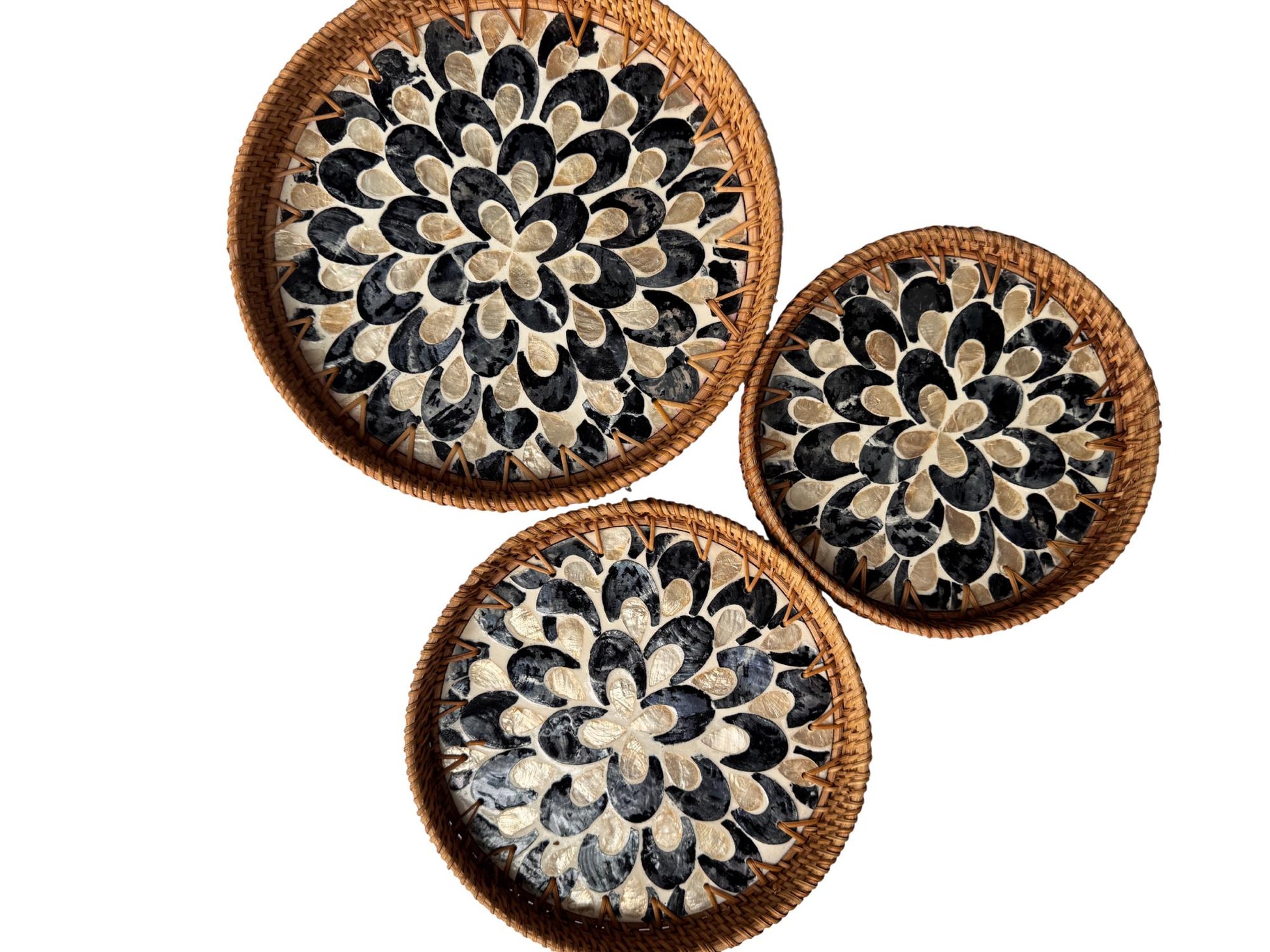 Round Mother of Pearl Inlay Rattan Tray, Handwoven Decorative Serving Tray, Natural Boho Coffee Table Accent 116